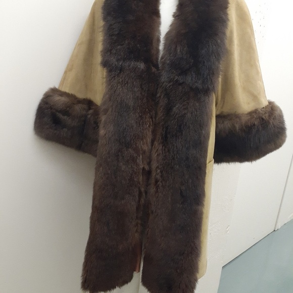 vtg suede swing coat fox trim collar cuff OS M L - Picture 5 of 8